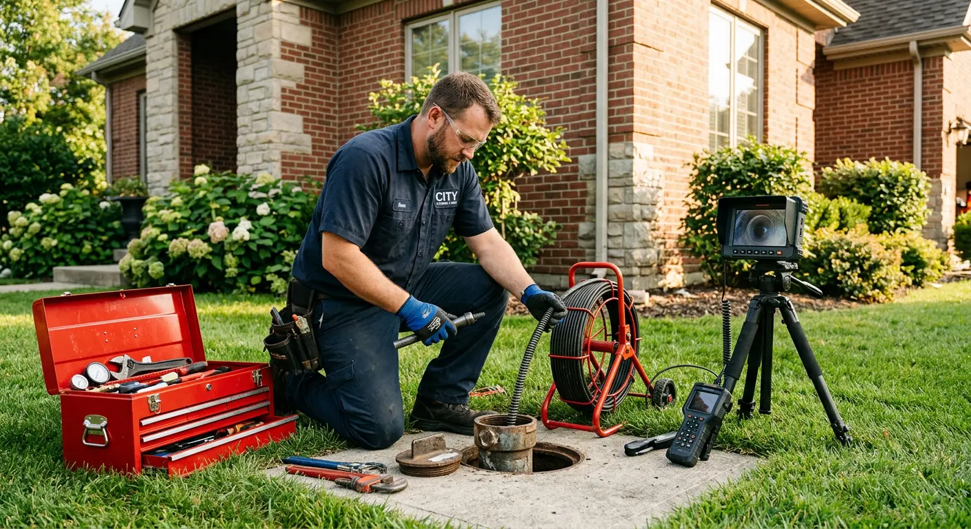 Sewer specialist with camera equipment servicing a cleanout in Montgomery