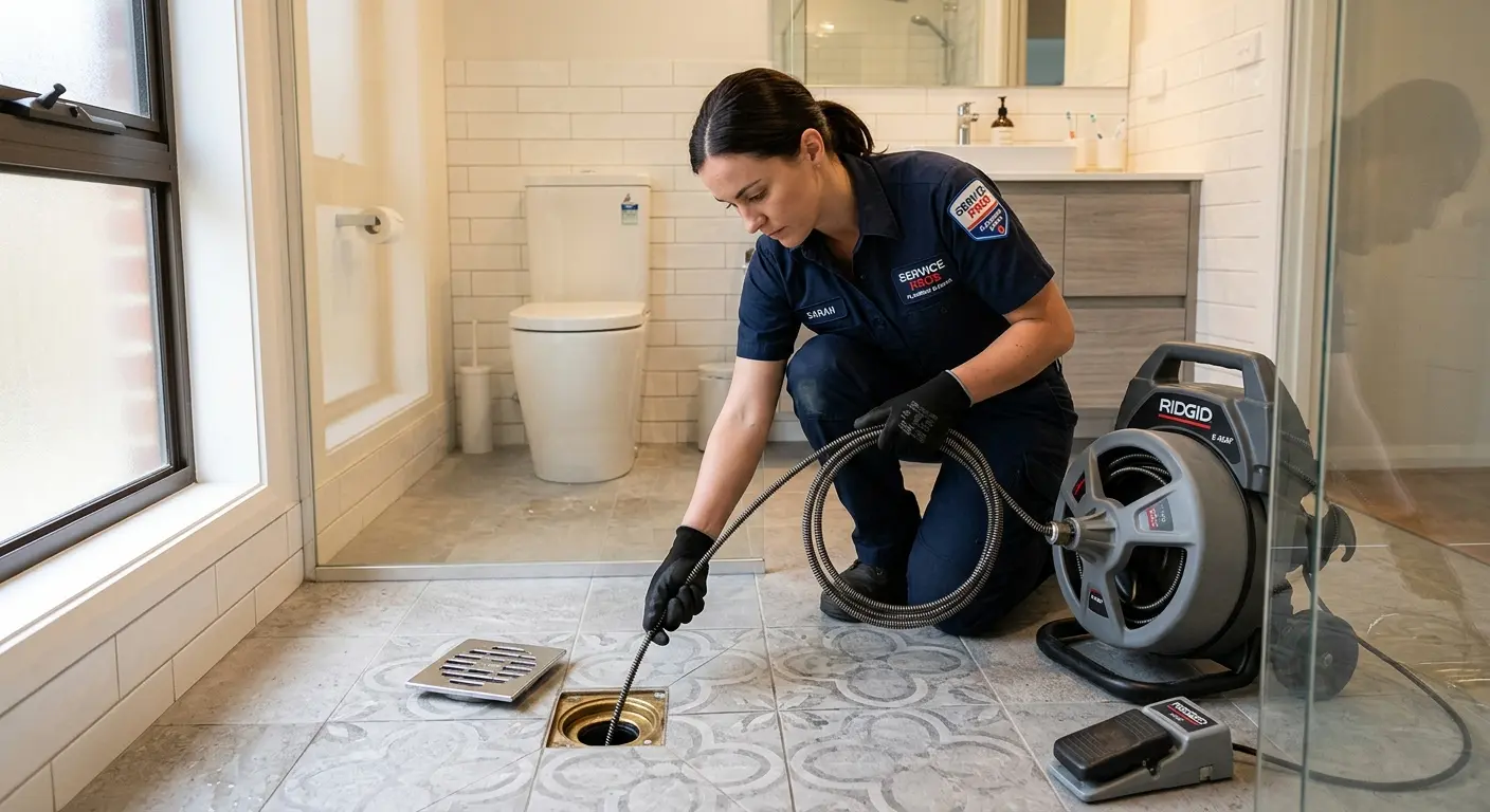Technician clearing a bathroom floor drain for Drain Cleaning in Montgomery